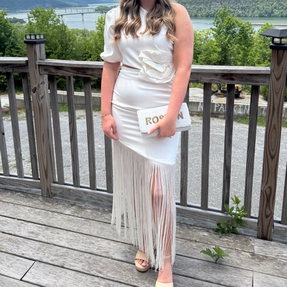One shoulder white fringe bottom dress